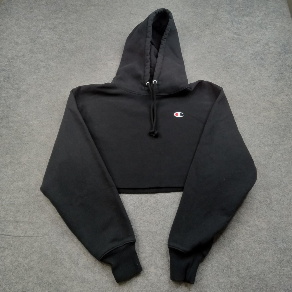Champion‎ Hoodie Womens Small Black Reverse Weave Cropped Fleece Pullover Logo